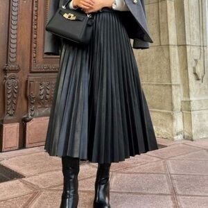 Faux Leather Black Pleated Midi Maxi Skirt Women Small 4 - 6